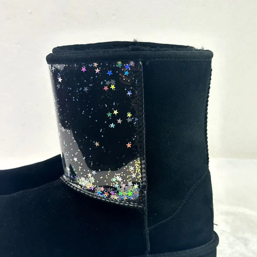UGG Classic II Clear Glitter Girls Boots Size 6 Black Stars Waterproof #1121014K